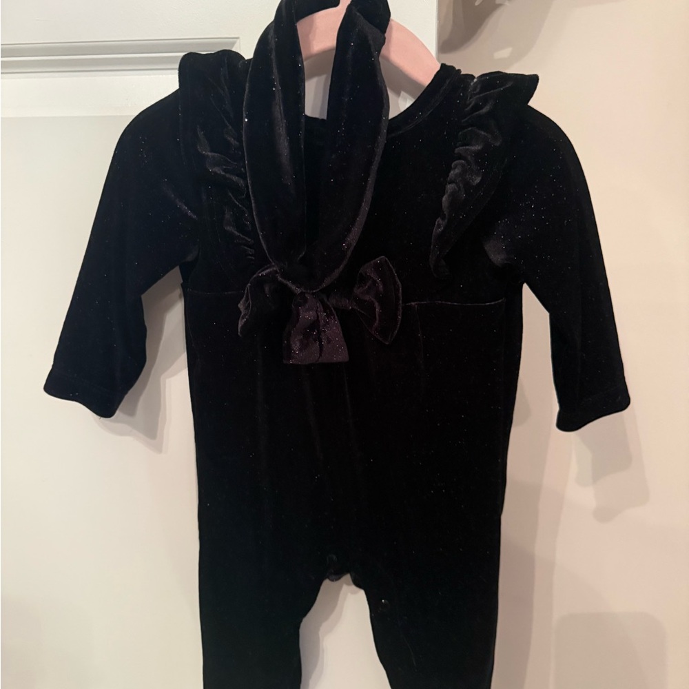 Little Me Black Velvet Bodysuit with multicolor sparkles and matching headband